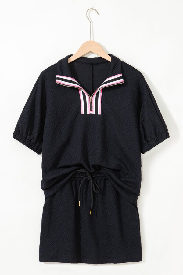 Color black Striped Collared Zip up Textured Skirt Set