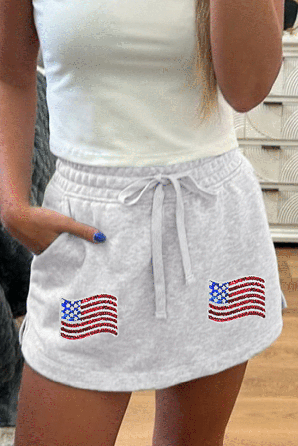 Light Grey American Flag Patched Lace-up High Waist Skort