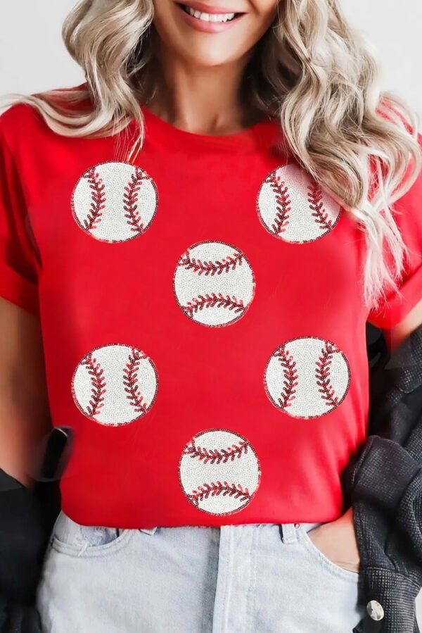 Red Glittering Rugby Pattern Crew Neck Game Day T Shirt