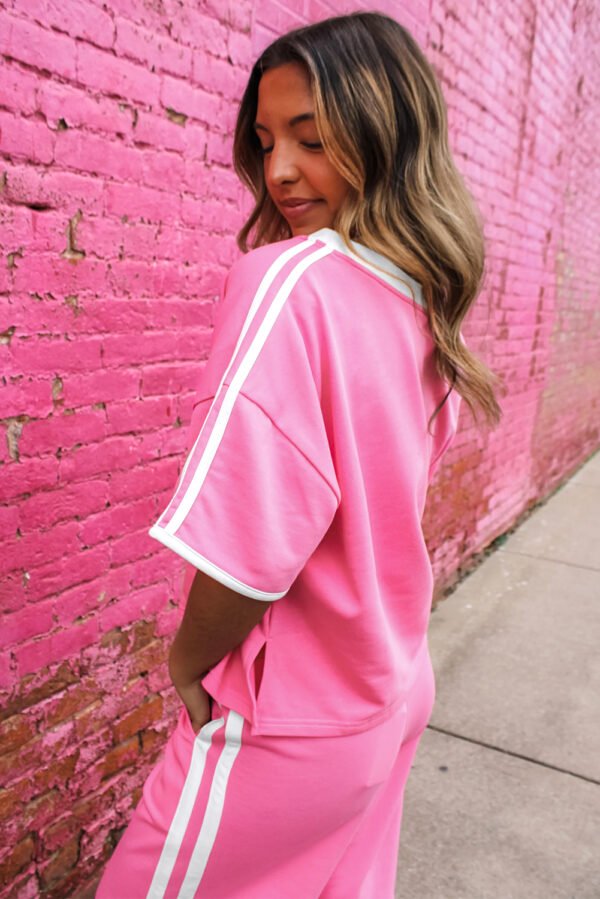Sachet Pink Varsity Stripe Detail Casual Tee and Pants Leisure 2pcs Set
