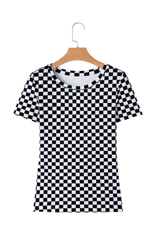 Black Checkered Ribbed Slim Fit Crew Neck T Shirt