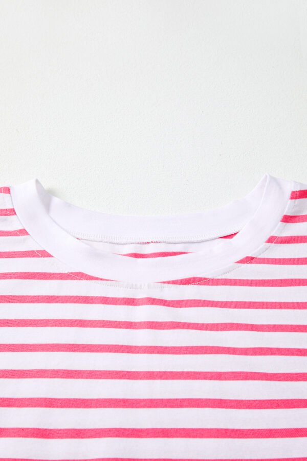 Pink Stripe Mixed Pattern Patchwork Uneven Hem Loose Tee