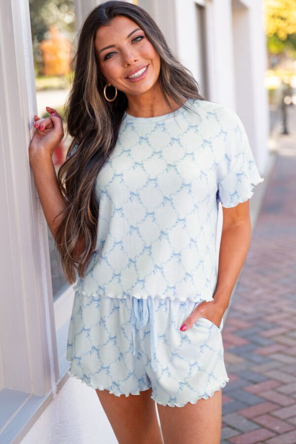 Sky Blue Bow Knot Geometric Print Lettuce Trim Two Piece Lounge Set