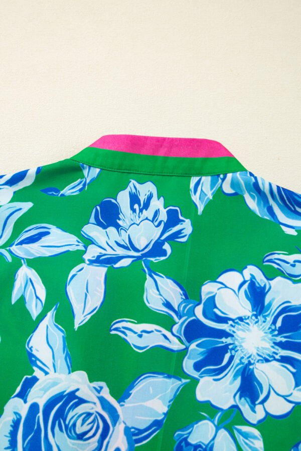 Green Floral Print Short Puff Sleeve Plus Size Top