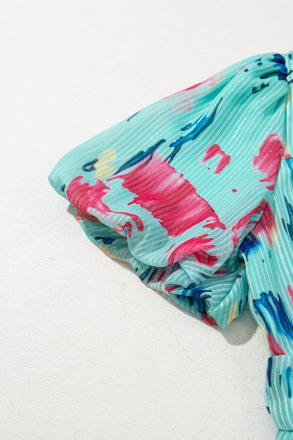 Sky Blue Abstract Print Short Puff Sleeve Tiered Maxi Dress