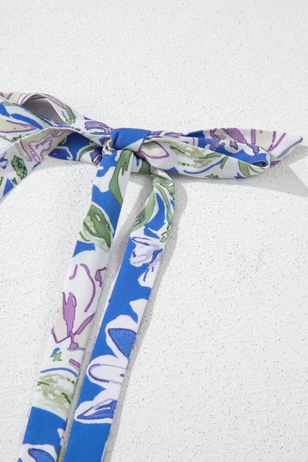 Sky Blue Floral Print Self-tie Straps Flowy Ruffle Long Dress