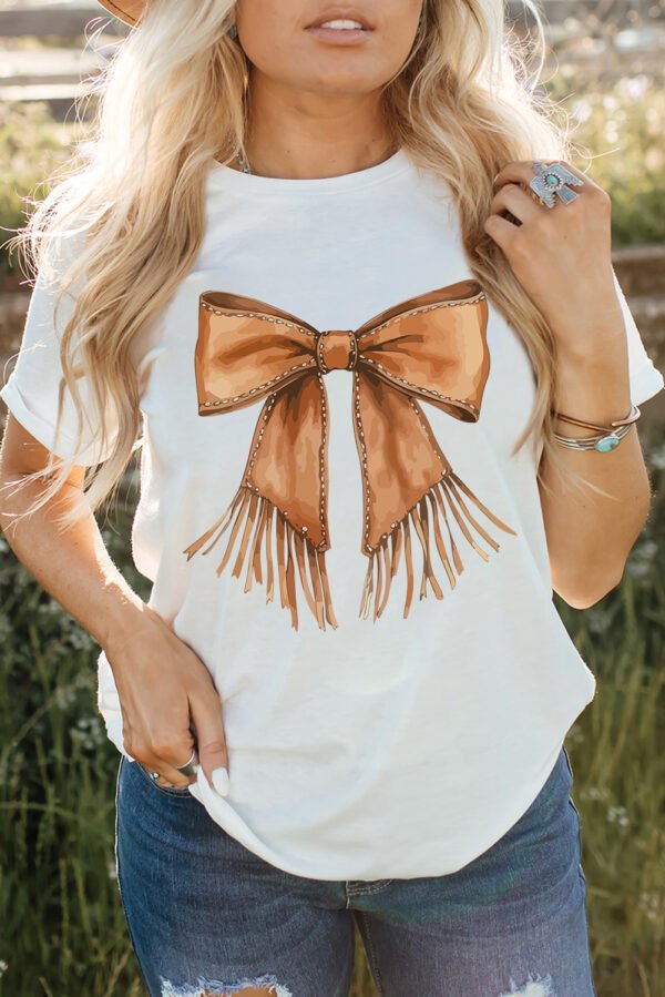White Tassel Bowknot Print Round Neck Western Fashion T Shirt