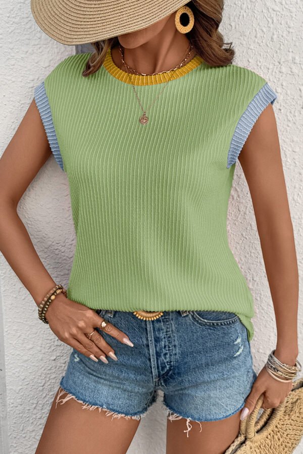 Grass Green Color Block Corded Knit Crew Neck Tee