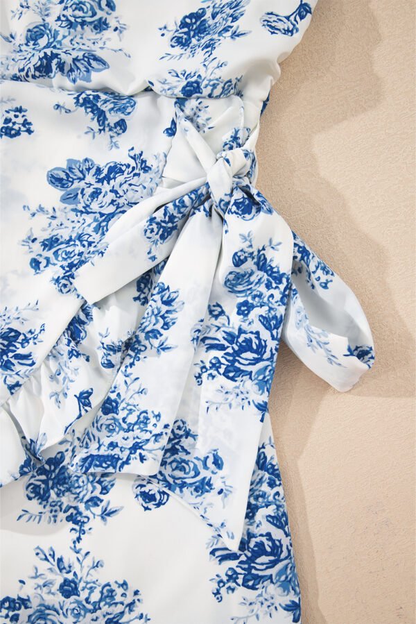 Sky Blue Floral Print Strapless Zipped Back Knot Waist Ruffled Romper