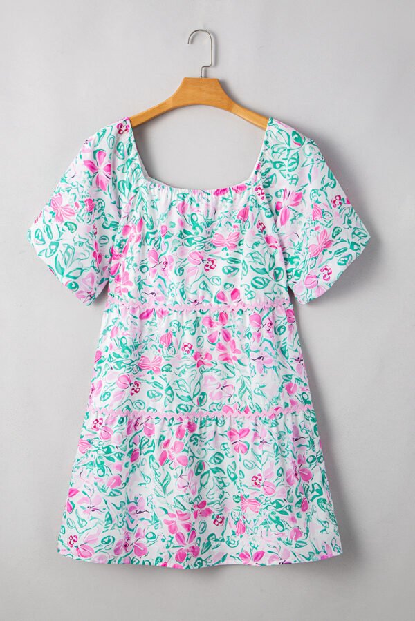 White Floral Print Ric-rac Trim Square Neck Plus Size Mini Dress