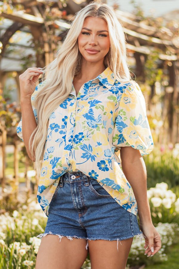 Blue Floral Striped Mixed Print Puff Short Sleeve Blouse