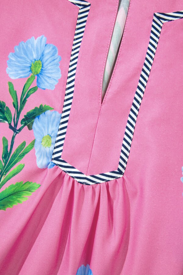 Rose Floral Short Sleeve Split Neck Loose Mini Dress