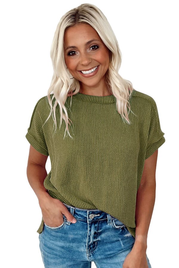 Jungle Green Textured Knit Exposed Stitching T-shirt