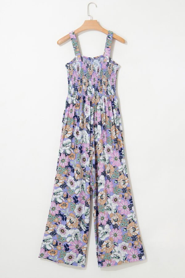 Purple Floral Print Smocked High Waist Square Neck Jumpsuit