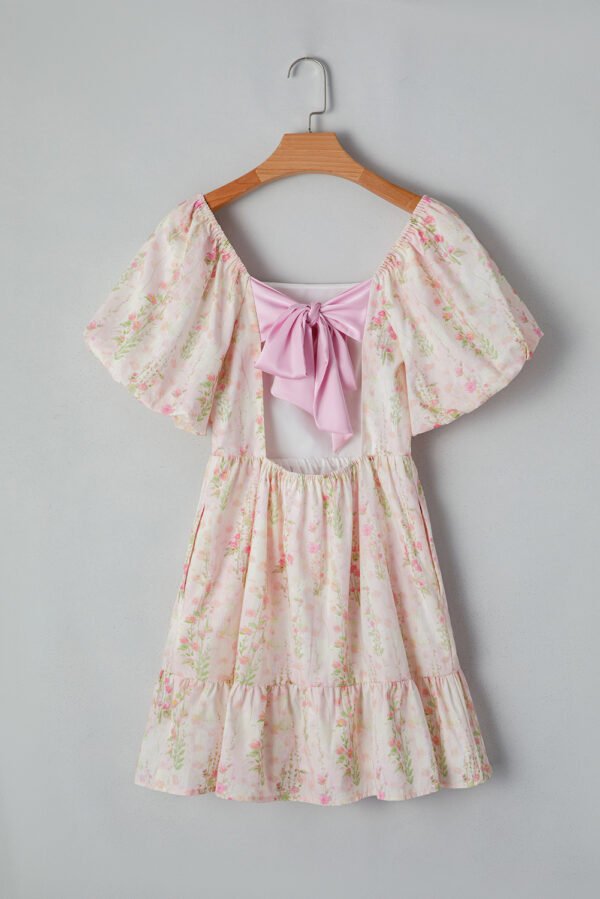 Pink Floral Puff Sleeve Square Neck Knotted Open Back Ruffled Mini Dress