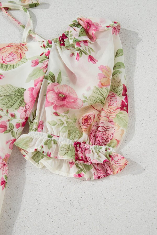 White Vibrant Floral Bubble Sleeve Sweetheart Neck Ruffle Mini Dress