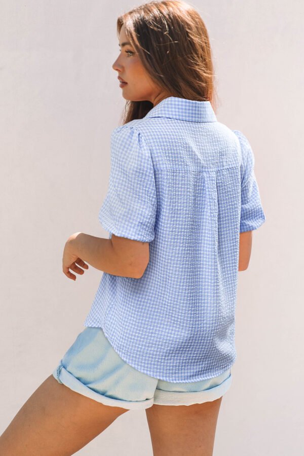 Light Blue Gingham Short Puff Sleeve Button Up Shirt