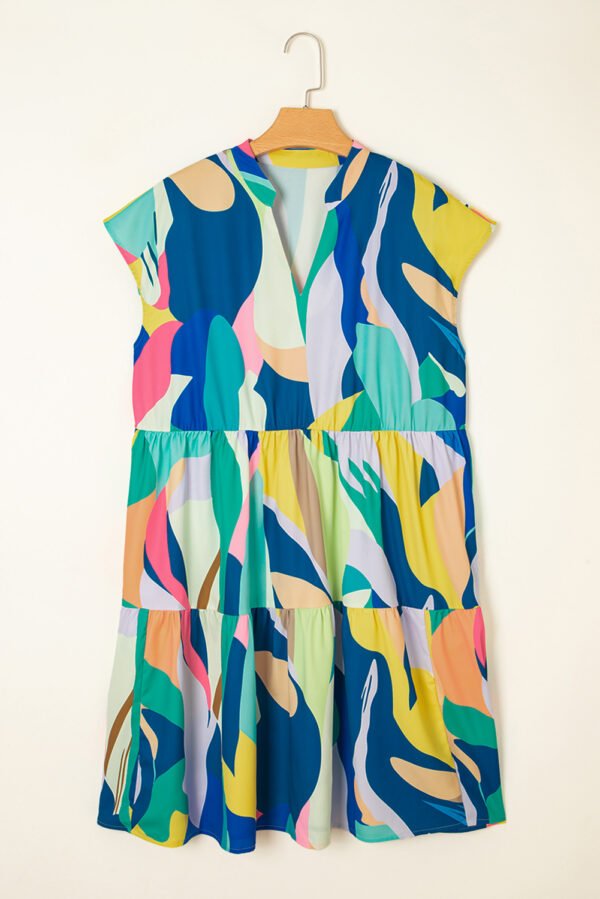 Blue Abstract Print V Neck Cap Sleeve Pocketed Mini Dress