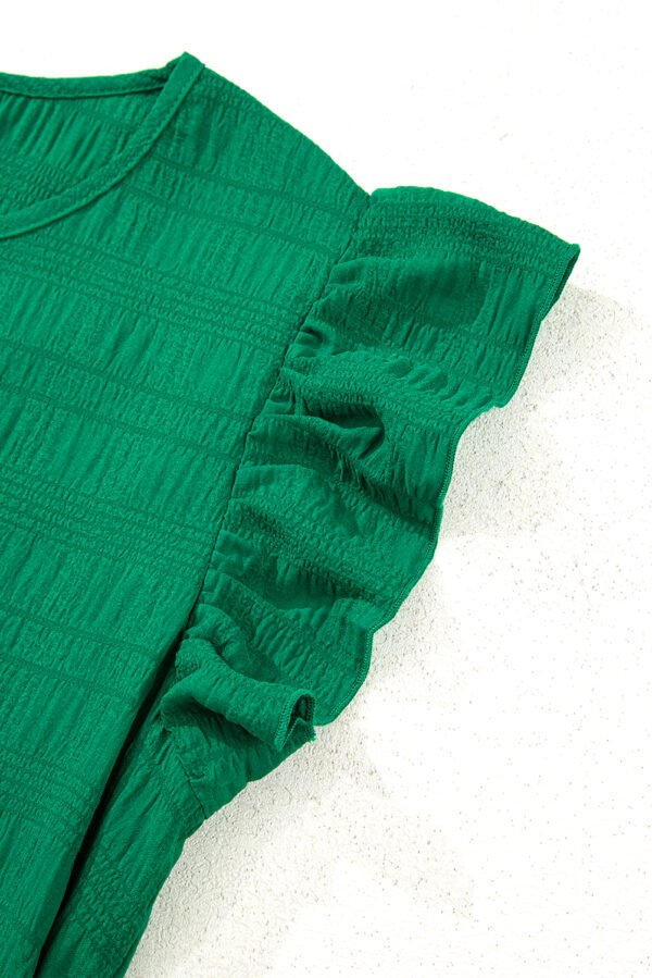 Dark Green Textured Flutter Sleeve Ruffled Mini Dress