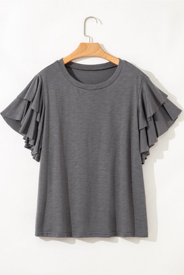 Dark Grey Double Ruffled Short Sleeve Plus Size Top