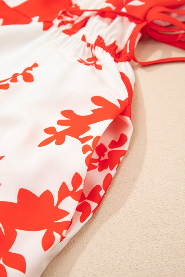 Red Floral Print Trimmed V Neck Ruffle Sleeve Long Dress