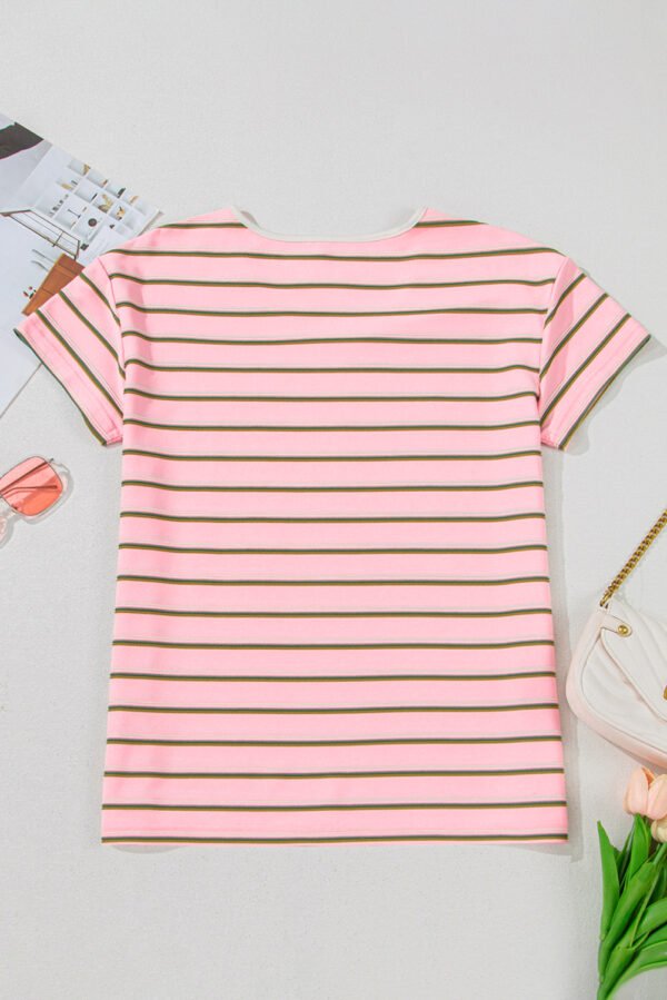 Pink Stripe V Neck Slim Fit Casual T Shirt