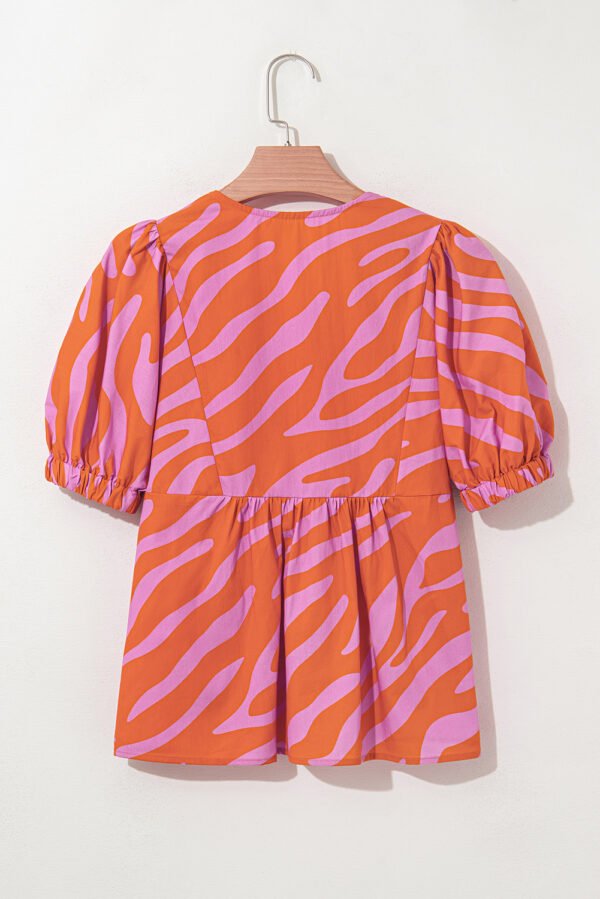Orange Zebra Stripe Print Ruched Cuff Half Sleeve V Neck Blouse