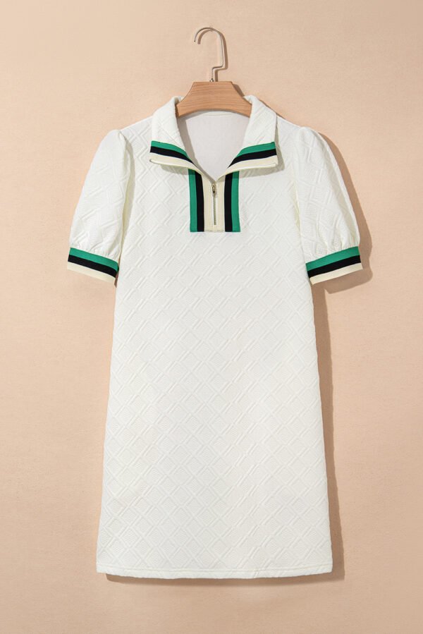 White Textured Jacquard Colorblock Edge Puff Sleeve Quarter Zip Mini Dress