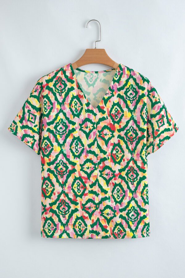 Green Abstract Print V Neck Short Sleeve Blouse