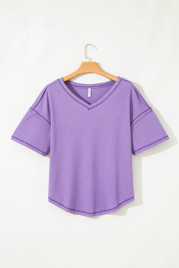 Purple Exposed Seam Half Sleeve Knitted V Neck Textured Top