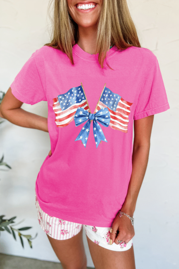 Sachet Pink Dual American Flag Bow Printed Casual T Shirt