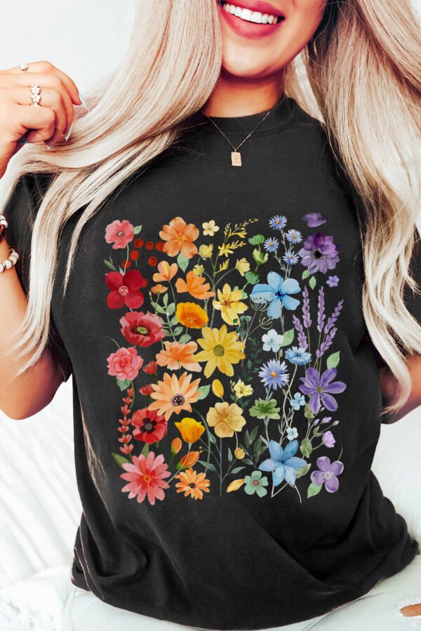 Black Beautiful Flower Print Cotton Blend Casual Tee