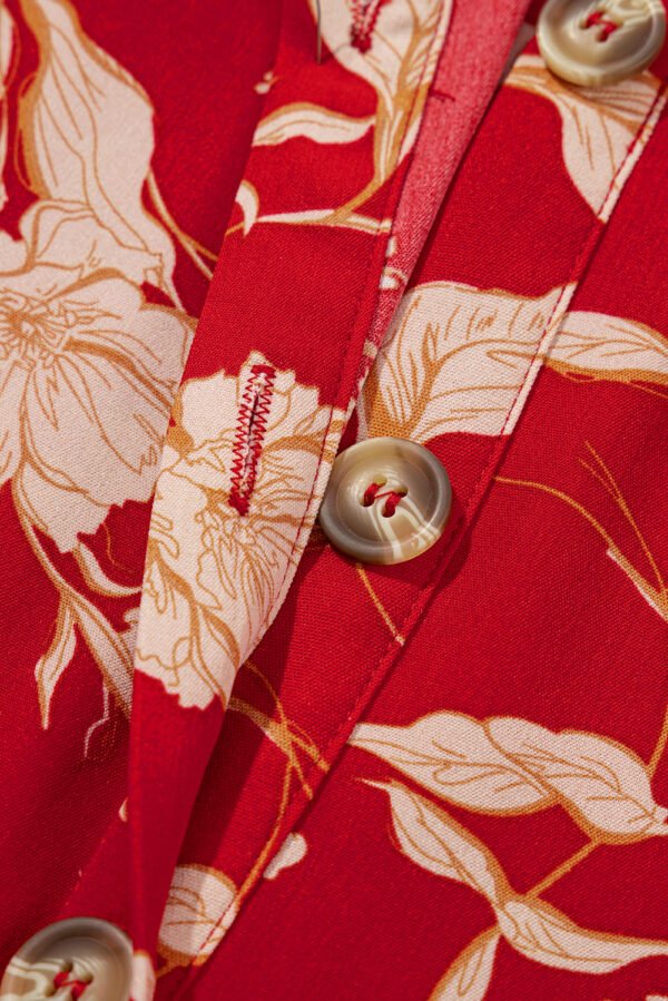 Red Floral Print Buttoned Front V Neck Tiered Short Sleeve Midi Dress