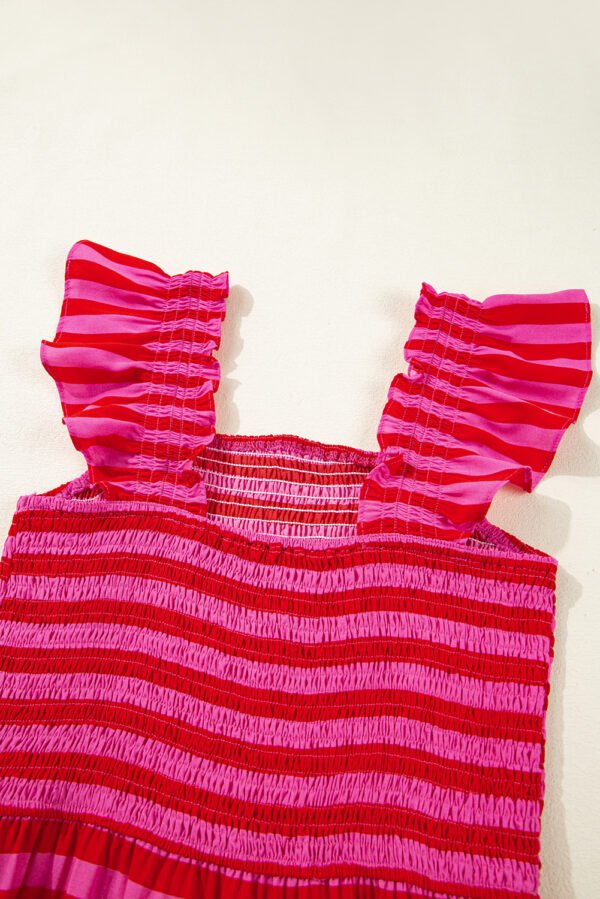 Rose Stripe Flutter Sleeve Smocked Bodice Tiered Maxi Dress