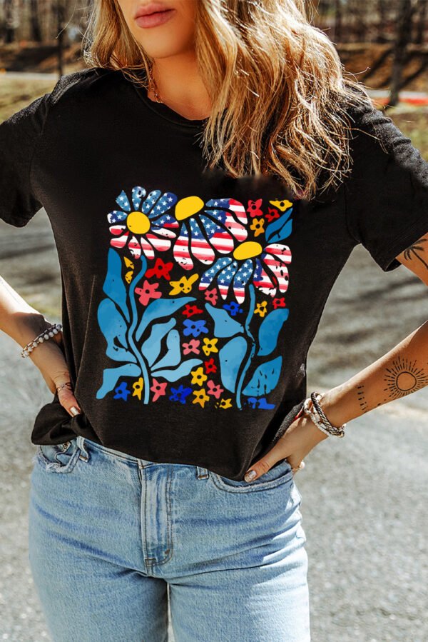 Black USA Flag Flower Graphic Drop Shoulder T Shirt