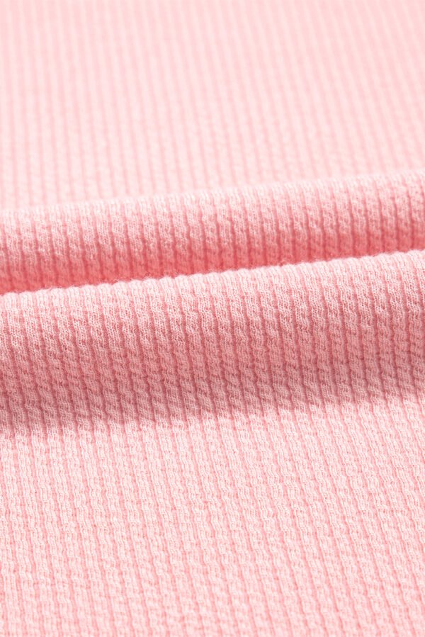 Light Pink Pearl Beaded Ruffle Short Sleeve Patchwork Ribbed Blouse