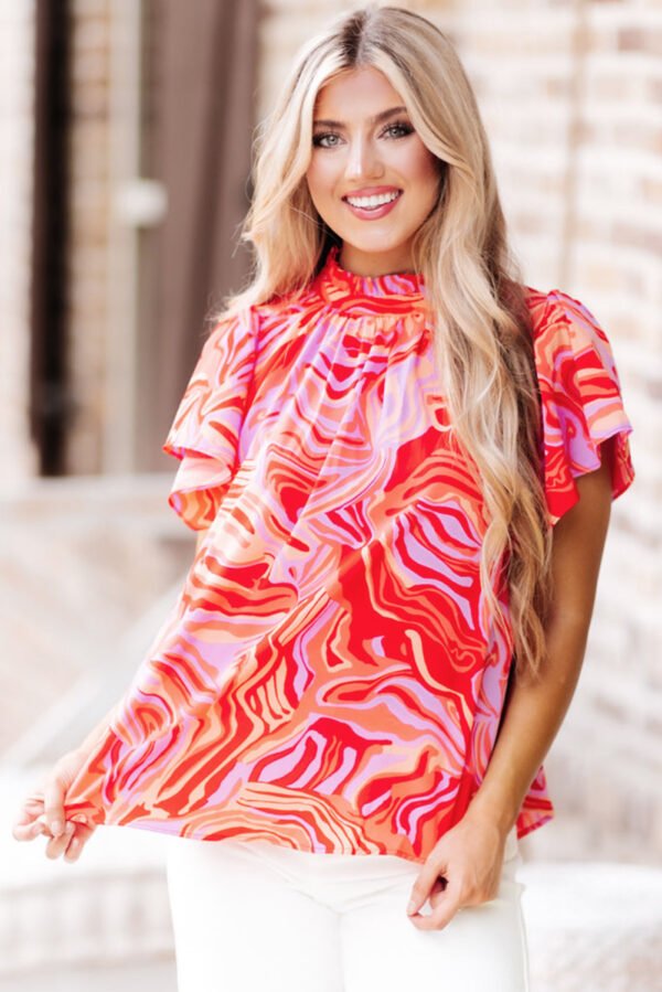 Red Abstract Print Ruffled Short Sleeve Mock Neck Blouse