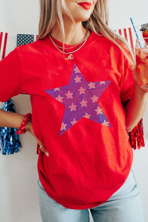 Red Rhinestone Star Pattern Independent Day T Shirt