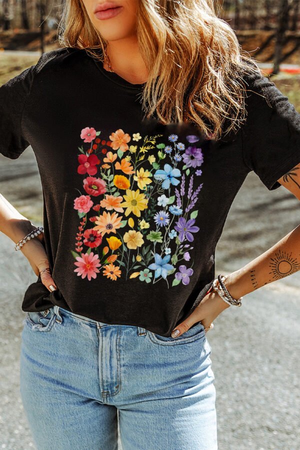 Black Beautiful Flower Print Cotton Blend Casual Tee
