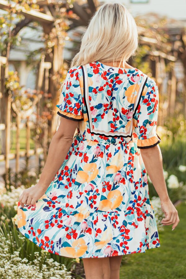Green Floral Print Zipper Ruffled Short Sleeve High Waist Mini Dress