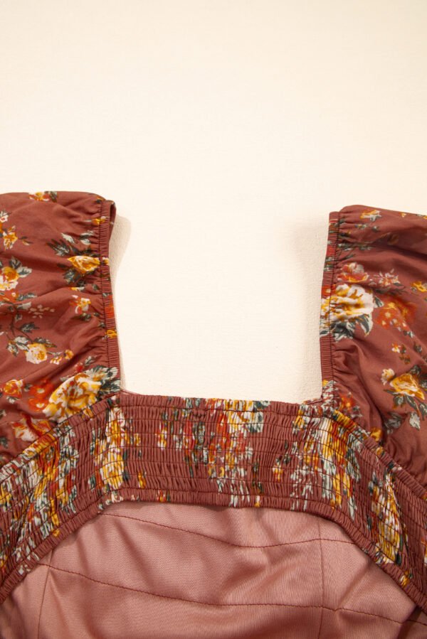 Red Floral Puff Sleeve Square Neck Knot Open Back Mini Dress
