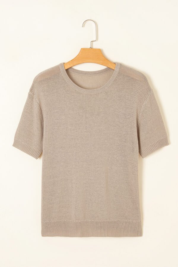 Beige Shiny Knitted Short Sleeve Drop Shoulder Sweater