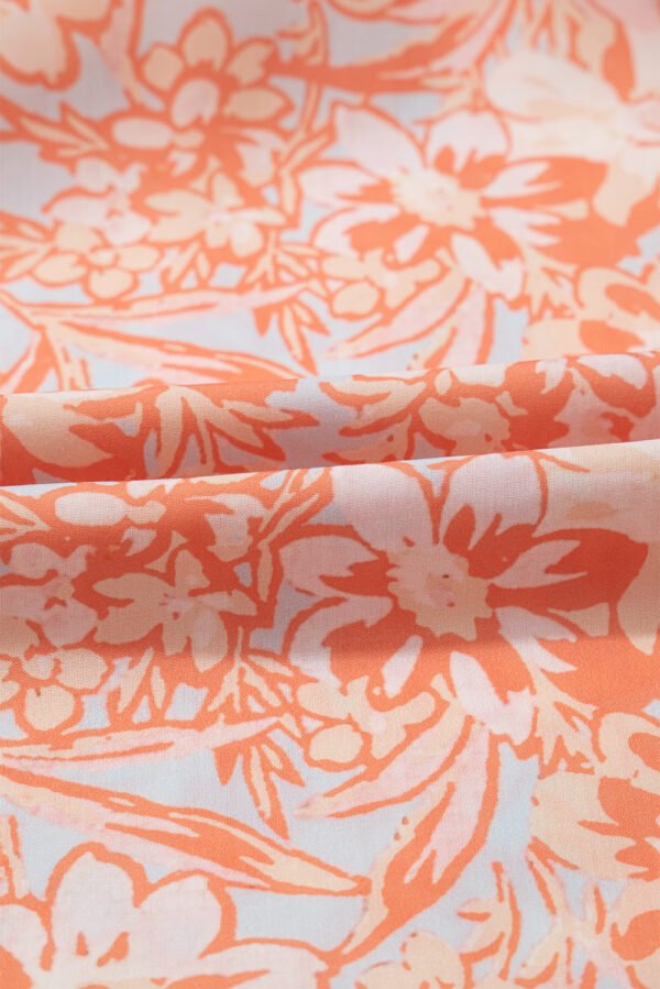 Orange Floral Ruffle Sleeve Split Neck Blouse
