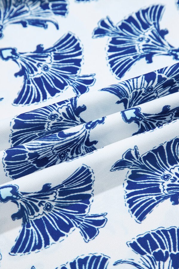 Sky Blue Geometric Print Tassel Drawstring V Neck Blouse