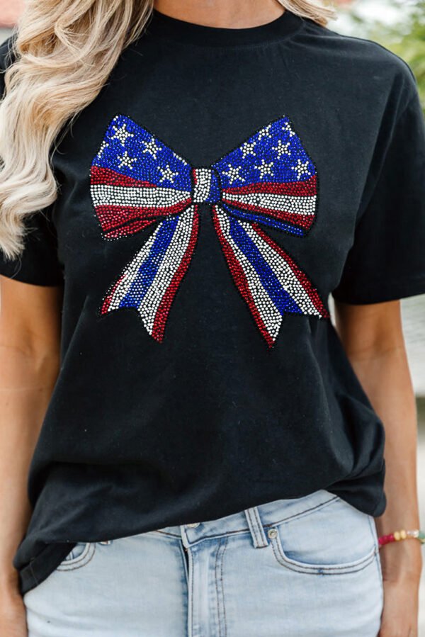 Black Rhinestone Stars and Stripes Bow Graphic Independence Day T Shirt
