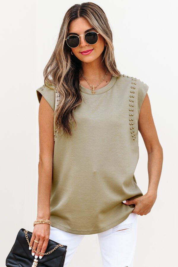 Sage Green Studded Cap Sleeve Round Neck T Shirt