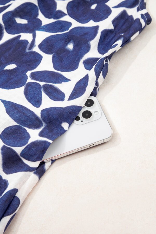Blue Floral Sleeveless Colorblock Notched V Neck Mini Dress