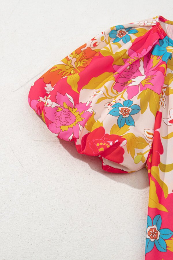 Pink Floral Print Bubble Short Sleeve Dress