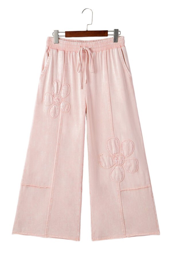Pink Flower Patch Mineral Washed Terry Knit Cropped Wide Leg Pants