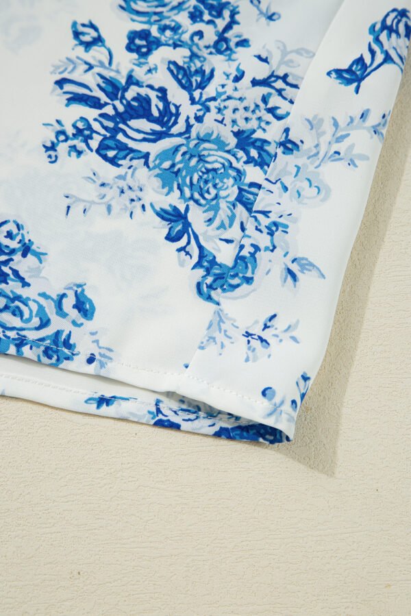 Sky Blue Floral Tiered Puff Short Sleeve Pleated Bust Buttoned Casual Shirt
